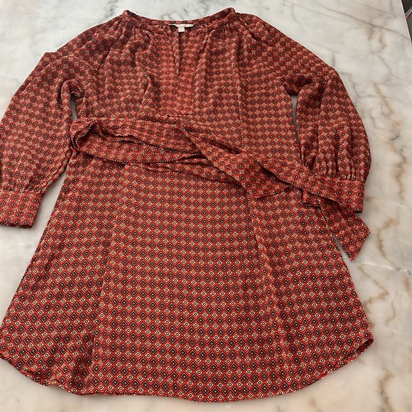 BANANA REPUBLIC Long Sleeve Belted Mini Dress Printed Rust Orange 14P - Picture 15 of 16
